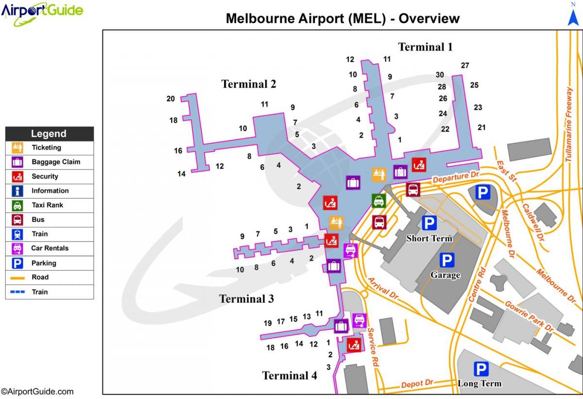 mapa do aeroporto de Melbourne terminais