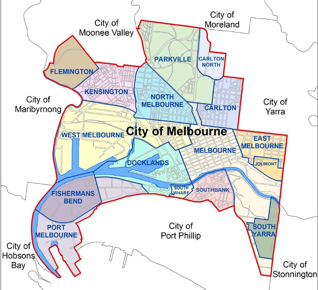 mapa de Melbourne e subúrbios