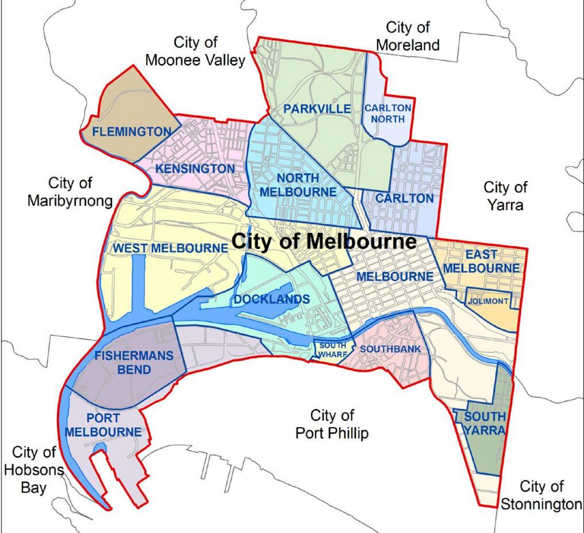 mapa de Melbourne e subúrbios