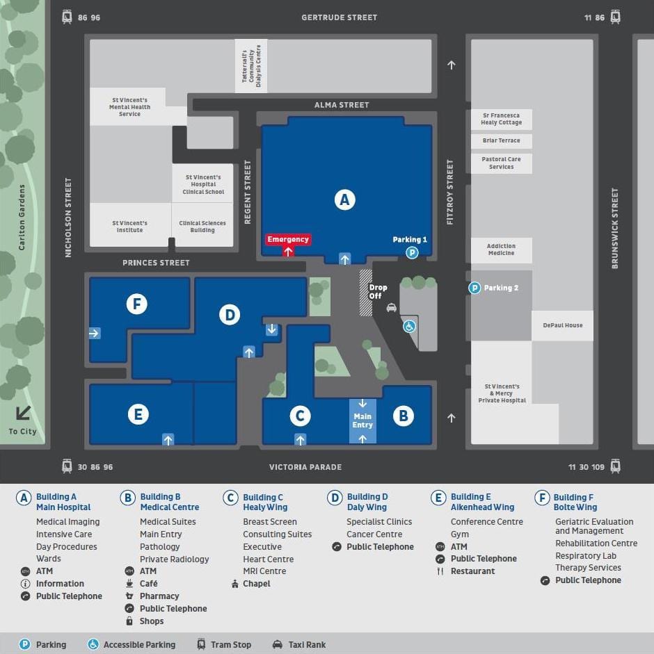 St vincent's hospital em Melbourne mapa