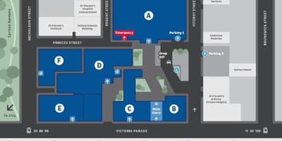 St vincent's hospital em Melbourne mapa